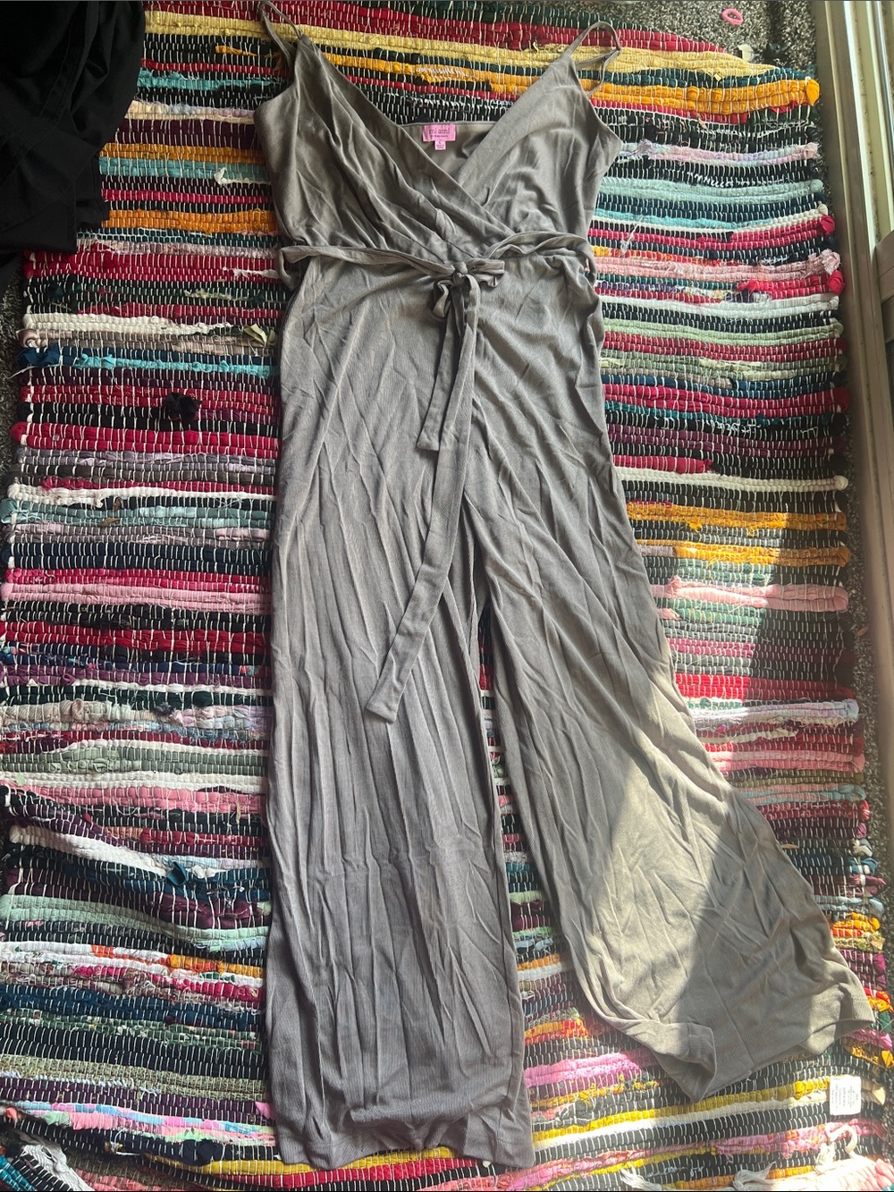 Francesca's Collections Gray Sleeveless Wrap Jumpsuit with Tie Waist